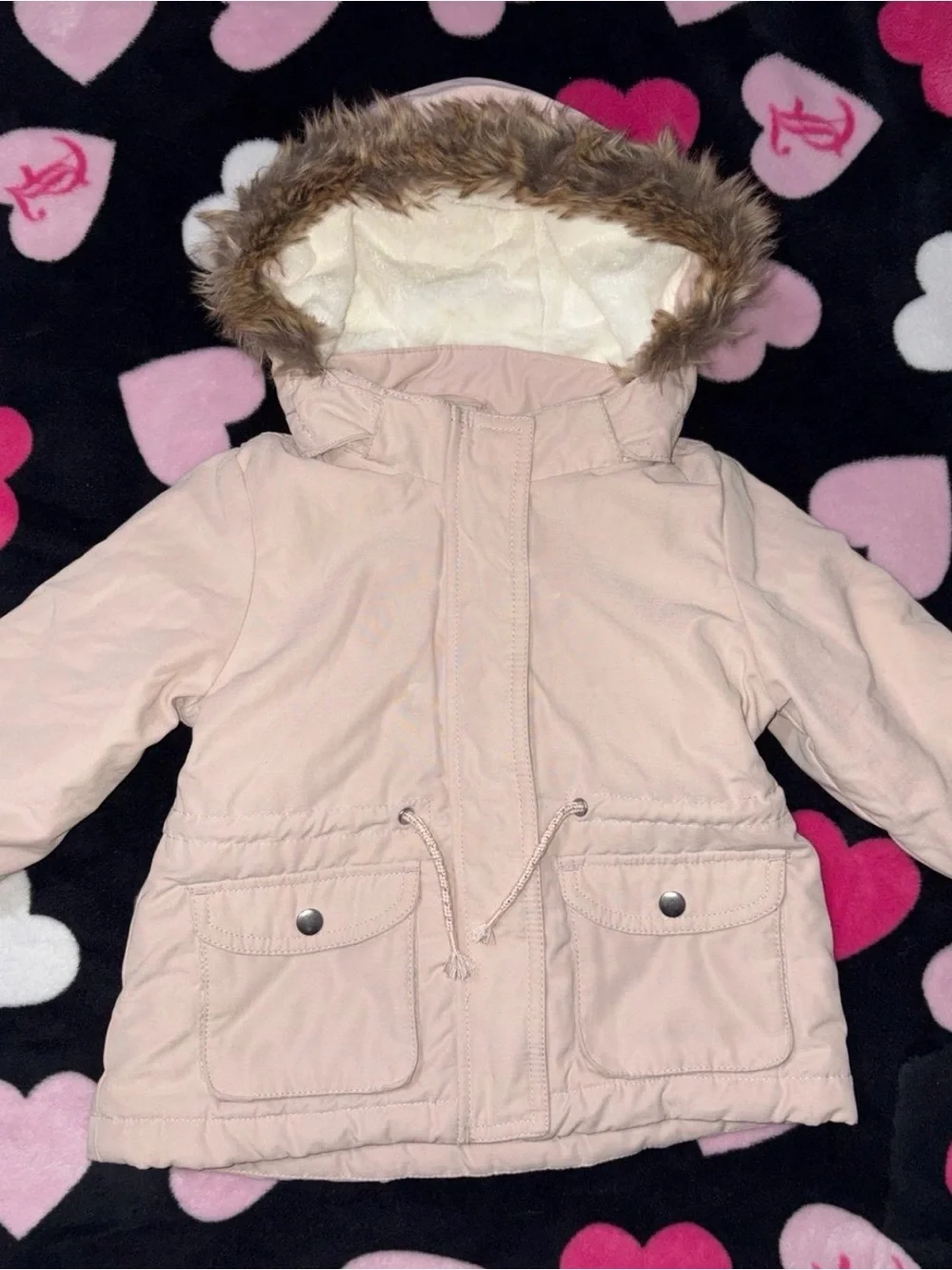 H&M pale pink toddler winter jacket with faux fur trim